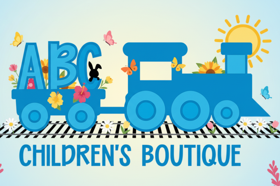 Blue train with 'ABC' on a light blue background, labeled 'Children's Boutique'.